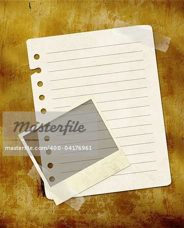 Grunge background with notebook pages and photos