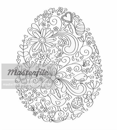 Egg shape hand-drawn greeting card design with floral, bird and vine elements.  Colors are grouped and easily editable.