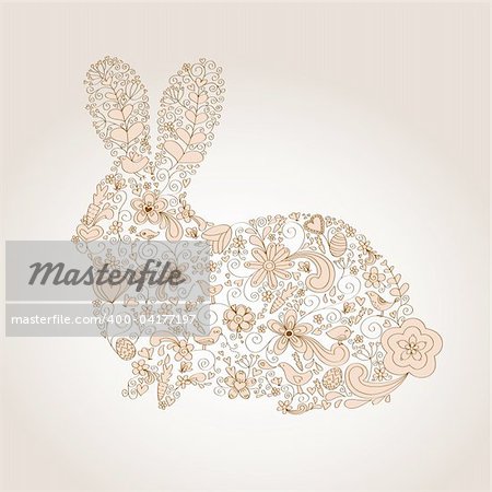 Rabbit shape hand-drawn greeting card design with floral, bird and vine elements.  Colors are grouped and easily editable.