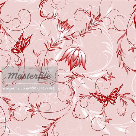 illustration drawing of pink flower and butterfly pattern