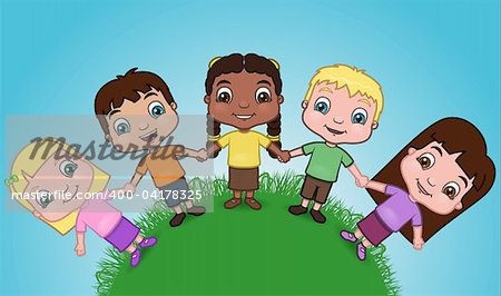 this is a vector illustration of a group of diverse kids holding hands on a hill.