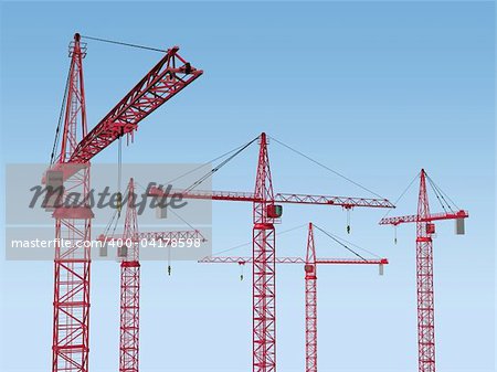 Original illustration of five tower cranes on a building site