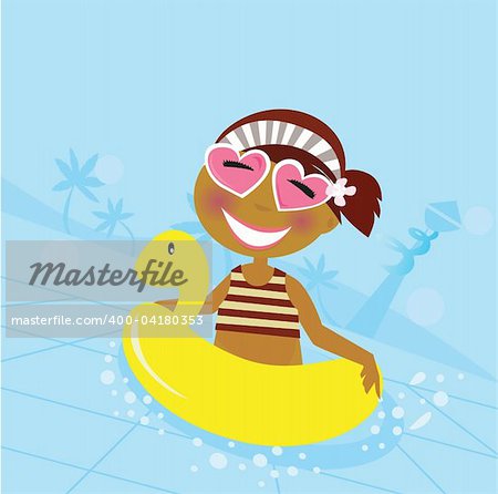 Cute girl in water pool. Vector Illustration.