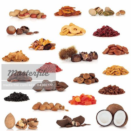 Healthy dried fruit and nut food collection isolated over white background.
