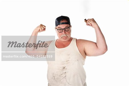 Big man in tee shirt with cigar and thick eyeglasses