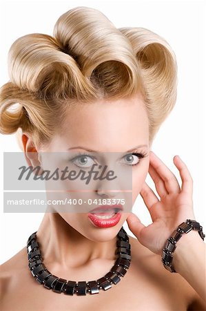 cute blond woman with creative hair stylish wearing a black necklace and bracelet over white making funny face