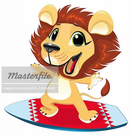 Baby lion with surf. Funny cartoon and vector sporty character