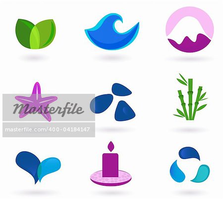 Wellness, medical and relaxation icon set. Collection of 9 design elements inspired by water, nature, soul and meditation. Perfect use for websites, magazines and wellness brochures.