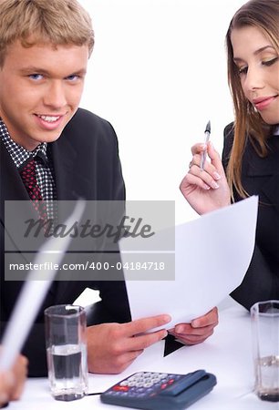 Confident  businessmen with his collegue  holding his document and looking at you over white background