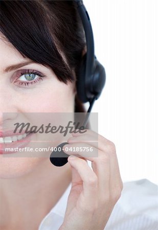 Close-up of sales representative woman with an headset against white background