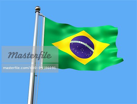 flag of brazil on blue background with visible fabric texture - rendering