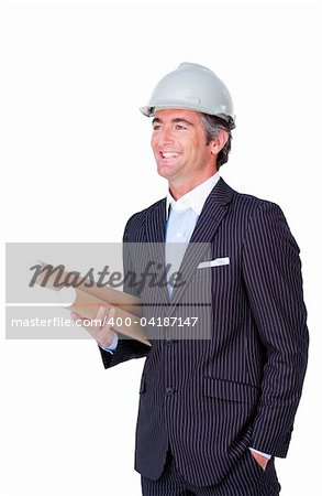 Smiling architect wearing a hardhat isolated on a white background