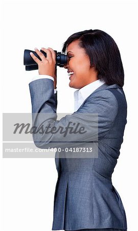 Attractive businesswoman looking through Binoculars