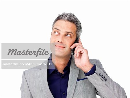 Businessman on phone looking up against a white background