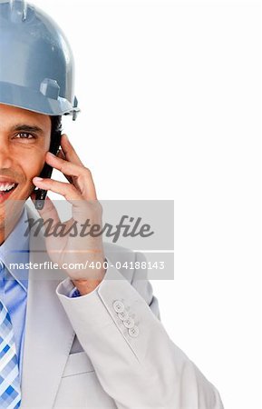 Close-up of an architect with a hardhat on phone isolated on a white background