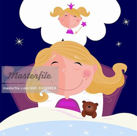 Girl is sleeping in bed during dark night. She is dreaming about princess. Vector Illustration.