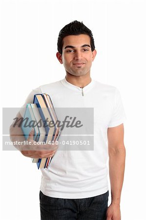 A man holding a collection of books.   Suitable for library, bookstore, student or tutor themes.  White background.