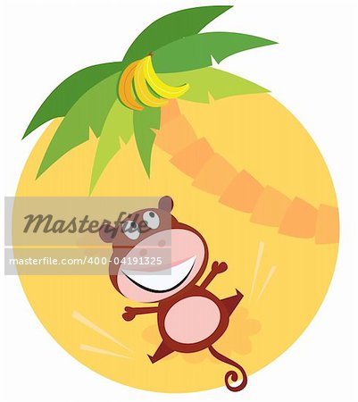 Vector cartoon illustration of funny animal. Jumping monkey and palm with bananas.