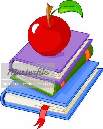 Pile book with red apple illustration, isolated on white background