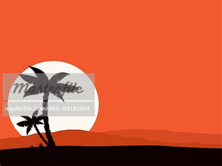 Vector Illustration of tropical holiday background. Black palm silhouette and sun behind hills.