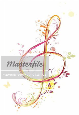 Vector illustration of  floral music abstract background with Treble clef