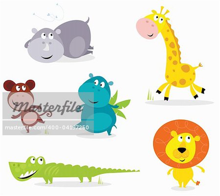 Vector cartoon illustration of six cute safari animals - Giraffe, Hippopotamus, Rhinoceros, Crocodile, Lion and Monkey.