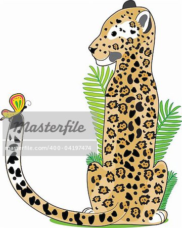 A Jaguar is sitting and looking at a butterfly on his tail. He is shaped like the letter J