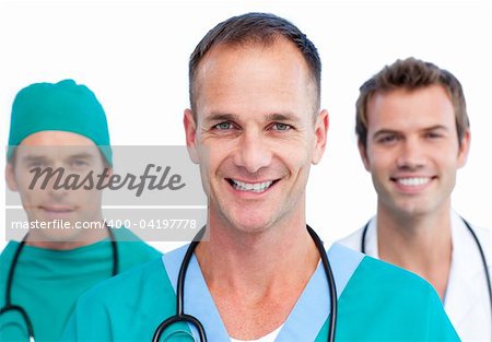 Charismatic male doctors standing in a line against a white background
