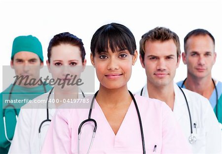 Portrait of a diverse medical team against a white background