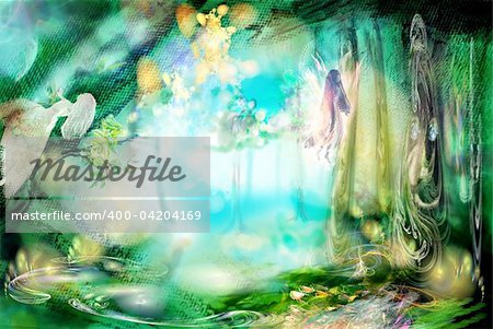 The magic forest with fairies. Excellent fantastic background. Very abstractly