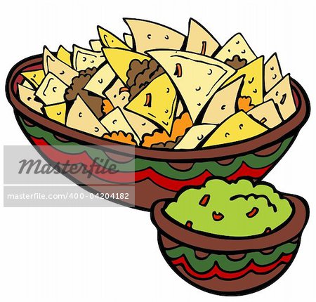 A cartoon image of nachos with guacamole.