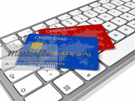 blue and red credit cards on a computer keyboard