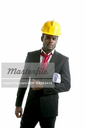 African american architect engineer with yellow hardhat and plans