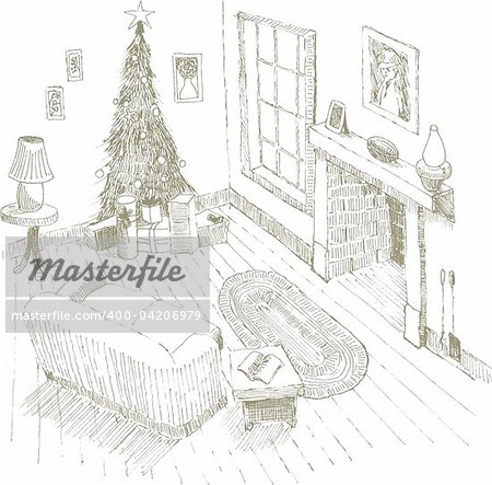 Pen and ink style illustration of an interior Christmas scene.