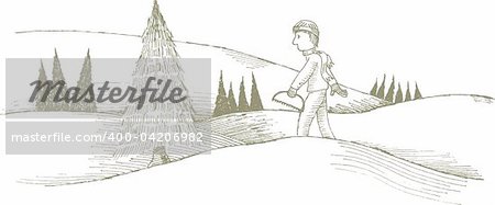 Pen and ink style illustration of a man cutting a Christmas tree.