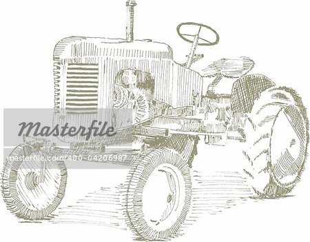 Pen and ink style illustration of an old farm tractor.