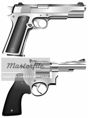 Silver pistol and revolver.