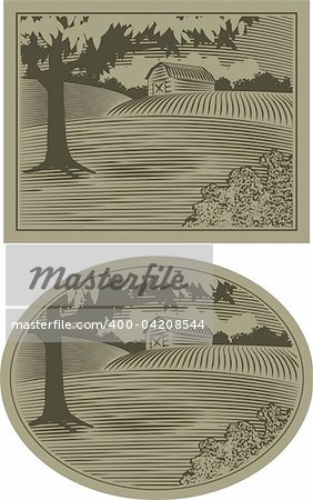 Woodcut style illustration of a rural barn scene.