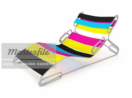 3D rendered chaise longue made of CMYK colored paper and staples.