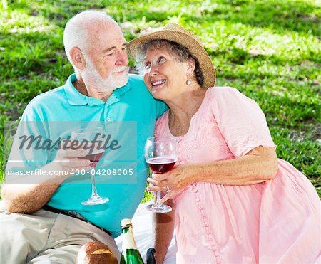 Senior couple drink wine on a romantic picnic in the park.