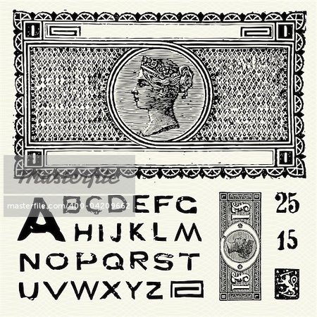 Detailed illustration of old world money and matching vector font.