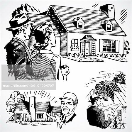 Vintage vector advertising illustrations of real estate