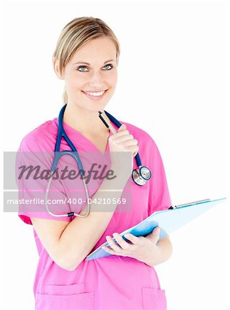 Thoughtful female surgeon holding a clipboard against white backround