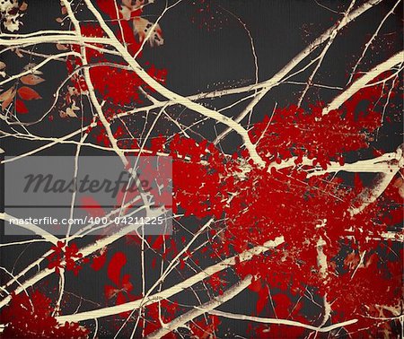 Tangled red blossom branches on black background