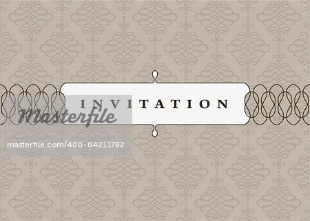 Vector small ornate frame with sample text and pattern. Perfect as invitation or announcement. Pattern is included as seamless swatch. All pieces are separate. Easy to change colors and edit.