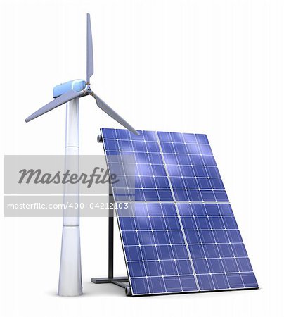 3d illustration of solar and wind power generators