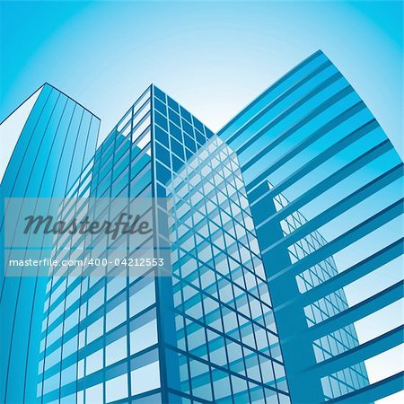 Glass and steel Skyscrapers with reflections under sunlight. Fish-eyed perspective. Vector Illustration.