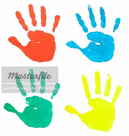 collection of colored hand prints on white background