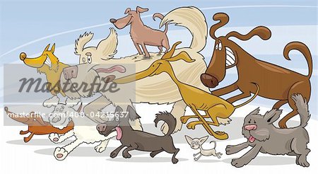 Illustration of group of running dogs