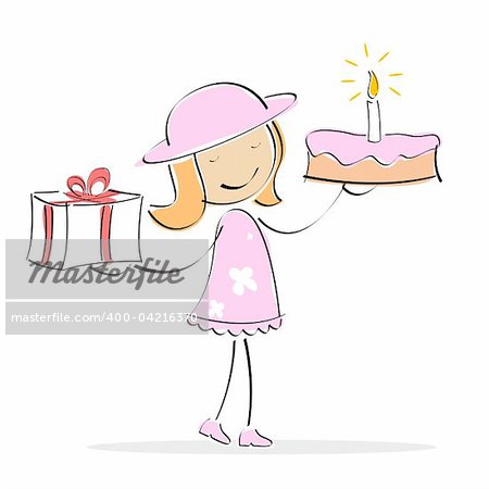 illustration of vector girl holdig cake and gift box in two hands on an isolated background